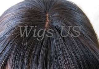 100% HUMAN HAIR WIG Layers Center Skin Part Bangs Natural Black Wig US 