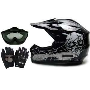 TMS Youth Black Silver Skull Flame Motocross Helmet with Goggles and 