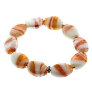   Orange Color Oval Murano Stretchable Bracelet With Metal Base Spacers