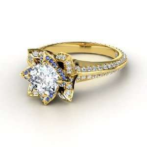   Lotus Ring, Round Diamond 14K Yellow Gold Ring with Sapphire & Diamond