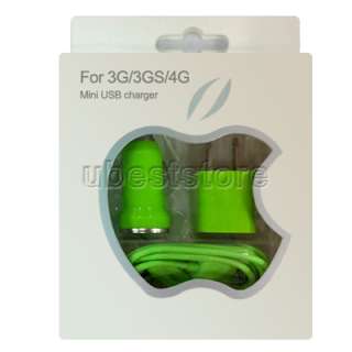 Green USB 3 in 1 Car Charger+AC Charger+Cable for iphone 3G 3GS 4G U.S 