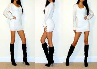   WHITE V NECK CABLE KNIT RIBBED SWEATER CASUAL TUNIC TOP / MINI DRESS S