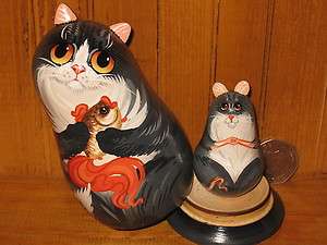 Russian small Doll BLACK CAT MOUSE Artist Makarova hand painted 