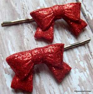 red glitter bow hair clip bobby pin up barrette rockabilly valentine 