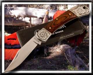 Boker Magnum Knives Lockback Hunter Pocket Knife Wood Handle Etched 
