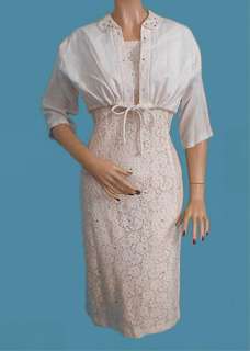 Vtg 50s Crochet Wiggle Wedding Party Dress Bolero M L  