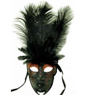 Royal Onyx Feathered Mardi Gras Costume Mask w/Rust Eyebrows *New 