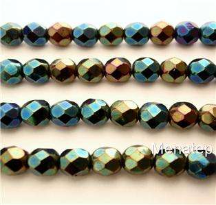 25 6mm Czech Glass Firepolish Beads Iris   Green  