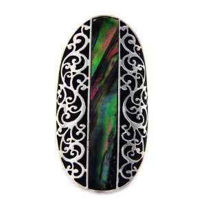   Silvertone Green Abalone Shell Filigree Stretch Fashion Ring Jewelry