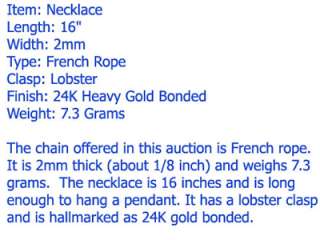 NEW 24K GOLD GP FRENCH ROPE 16 PENDANT NECKLACE NECK CHAIN SHIPS FREE 