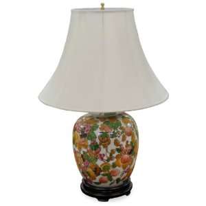  Chinese Porcelain Lamp with Silk Shade   Fruit Motif