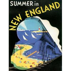  SUMMER IN NEW ENGLAND BEACH TRAIN USA SMALL VINTAGE POSTER 