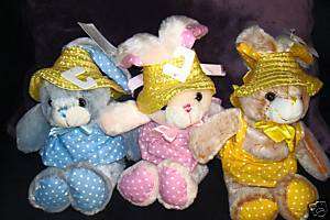 Blue, Pink, and Yellow Stuffed Easter Bunnies  