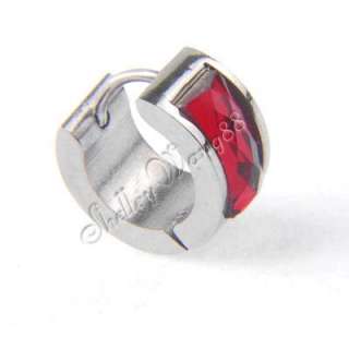 1x Men Women Earring Stainless Steel Stud Red CZ Crystal Fake Ear Plug 