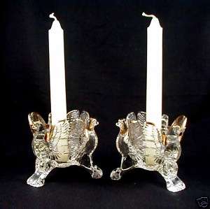 Jeannette Glass EAGLE Candleholders  Crystal w/Gold  Pr  