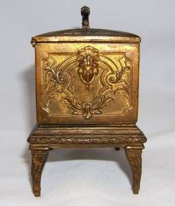 Old French Victorian Jewelry Box Casket Gilt Antique Gothic Faces Silk 