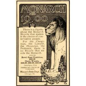   Ad Lion Monarch Bicycle Bikes Bevel Gear Chainless   Original Print Ad