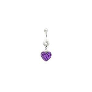   Black/Purple Zebra Print Heart Dangle Belly Button Navel Ring Jewelry