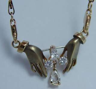 Art Nouveau Style 14K Gold Hands Holding Diamonds Italy Necklace 