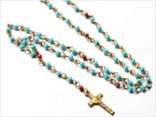   DOLL VINTAGE CZECH WIRE BLUE GLASS BEADS Rosary CRUCIFIX miniature 8