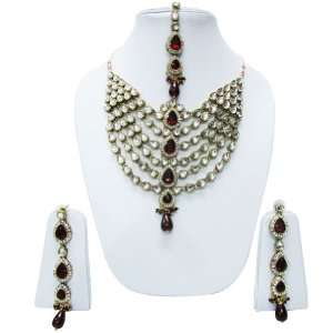   Maroon Kundan Necklace Earring Set Indian Bridal Jewelry: Jewelry