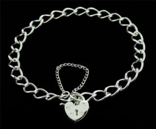 LADIES 925 STERLING SILVER CURB LINK CHAIN CHARM BRACELET WITH HEART 
