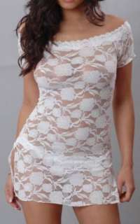 SHEER White Stretch Lace Short Sleeve On Or Off Shoulder Mini Dress 