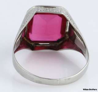 Edwardian Synthetic Red Spinel Mens Vintage Ring   14k White Gold 