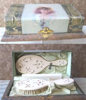 Vintage VICTORIAN 3 Pc.VANITY SET,Celluloid BOX,Mirror,Brush,Comb 