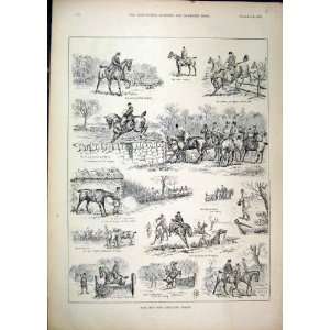  1892 Hunting Horses Jumping Fence Wall Water Old Print 