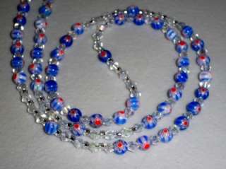 Rosary Bead Necklace ~ Millefiori ~ Red White Blue  