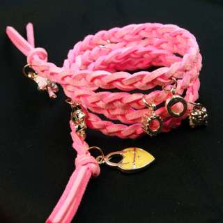 Pink Velvet Rope Braid Leather Charm Pendant Bracelets  