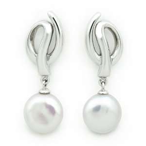   Freshwater Coin Pearl Dangle Earrings with Sterling Silver Swoop Posts