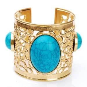   Gypsy Inspired Vintage Cuff Bracelet in Gold Turquoise Tones: Jewelry
