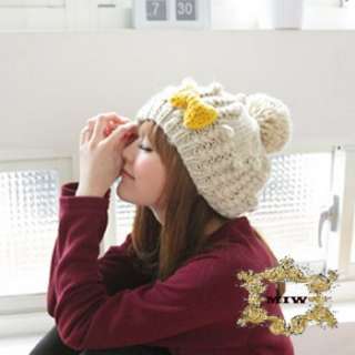 New Women Girls Very Cute Thermal Knit Cap Hat Beanie with Pom & Bow 