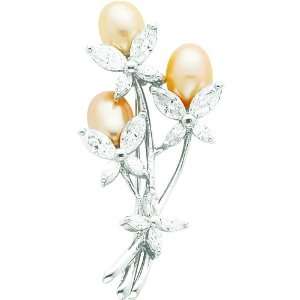  Sterling Silver Peach Imitation Pearl & CZ Pin: Jewelry