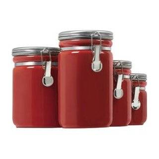   Set Of 3, SET OF THREE, RED WOOD TOP Ceramic Red Canisters Set Of 3