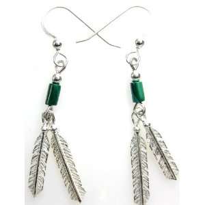    Feather sterling earrings with Malachite Beads   wires: Jewelry