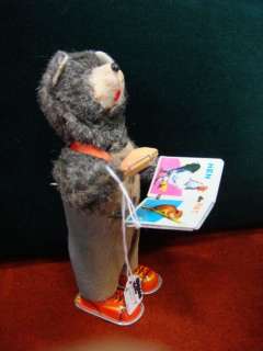 Old Tin BEAR READING BOOK *Vintage WIND UP Animal Toy  