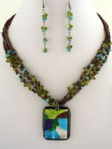 Chunky Layered Stone Multi Color Glass Pendant Statement Necklace 