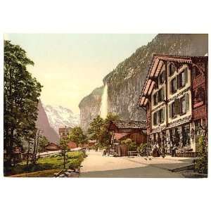 Reprint of Lauterbrunnen Valley, street view with Staubbach Waterfall 