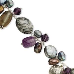 Sterling Silver Amethyst/Crystal/Jasper/Smokey Quartz/Pearl Bracelet 