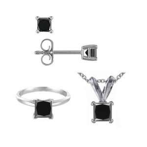   Cut Black Diamond Set 14K White Gold   Ring, Pendant & Earrings