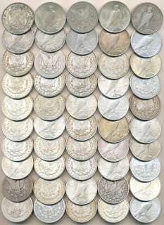 ONE HUNDRED (100) MORGAN AND PEACE SILVER DOLLARS. ASSORTED DATES AND 