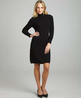 Magaschoni black cashmere pleated shoulder turtleneck sweater dress
