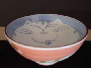 Smiling Cat Bowl Pink Outside Blue Inside Japan  