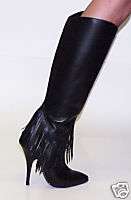 heel black leather knee high fringe boots size9 USA  