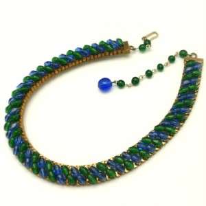 Green & Blue Glass Beads Choker Necklace Vintage  
