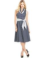 Jones New York Signature Petite Dress, Sleeveless Belted Ruffled Polka 