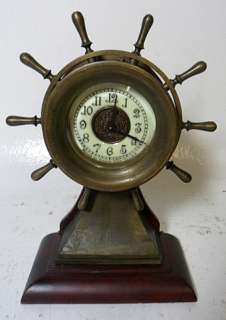 Brass Case Ship Clock With Wooden Base,   
